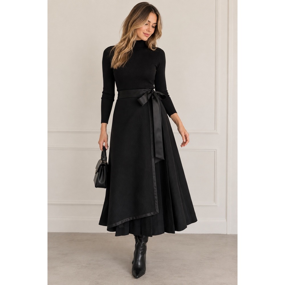 Vintage Gerard Pasquier Paris Black Wool Maxi Wrap Skirt Satin Bow France 42